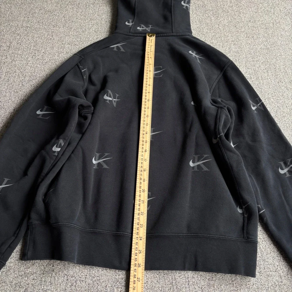 Nike Hoodie Mens M Sportswear Club Fleece Black All Over Print Swoosh Pullover